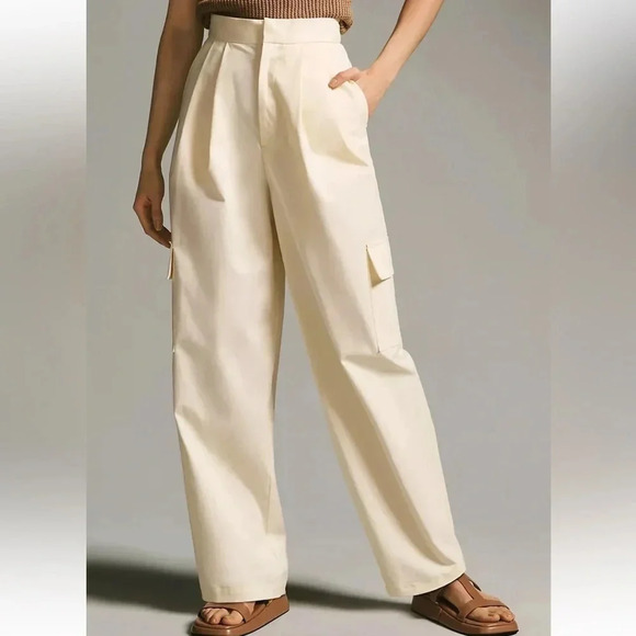 NWT Anthropologie Du Paradis Pleated Wide-Leg Cargo Pants in Stone Dust Size 12 - Picture 1 of 16